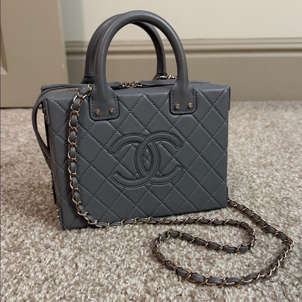 CHANEL Quilted Box Satchel in Gray with Chain Strap